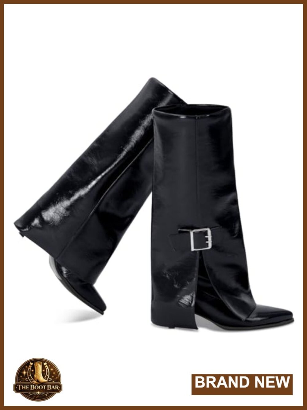 Faux Leather Knee High Fold Over Shark Boots with Kitten Heel and Buckle for